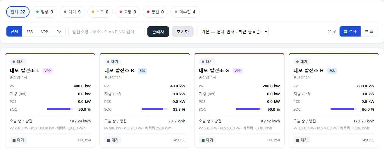발전소 리스트 — 문제 먼저 · 오늘 충 · 방전